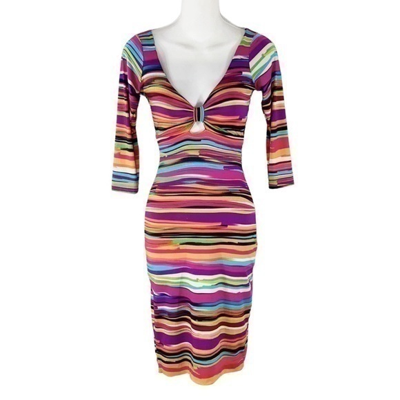 Baru multicolor stripe cutout bodycon dress GG12 - Picture 1 of 13